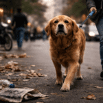 Perro paseando por una calle urbana con la correa tensa, en una imagen que refleja cómo un paseo estresante puede afectar a su bienestar.