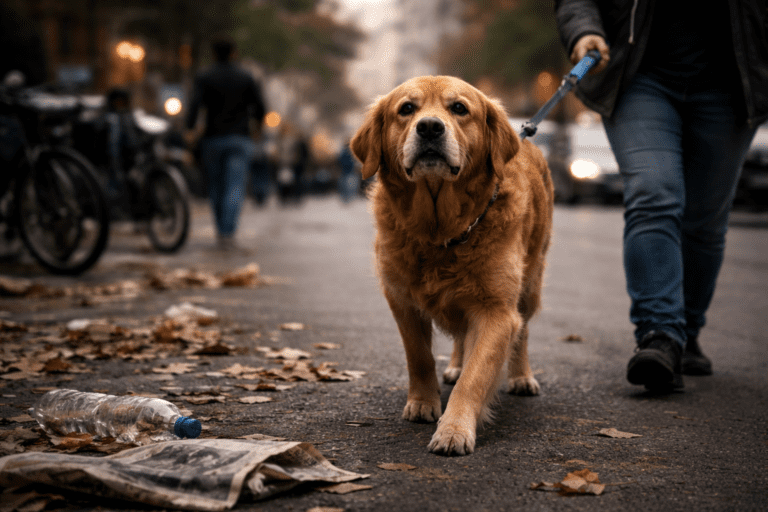 Perro paseando por una calle urbana con la correa tensa, en una imagen que refleja cómo un paseo estresante puede afectar a su bienestar.