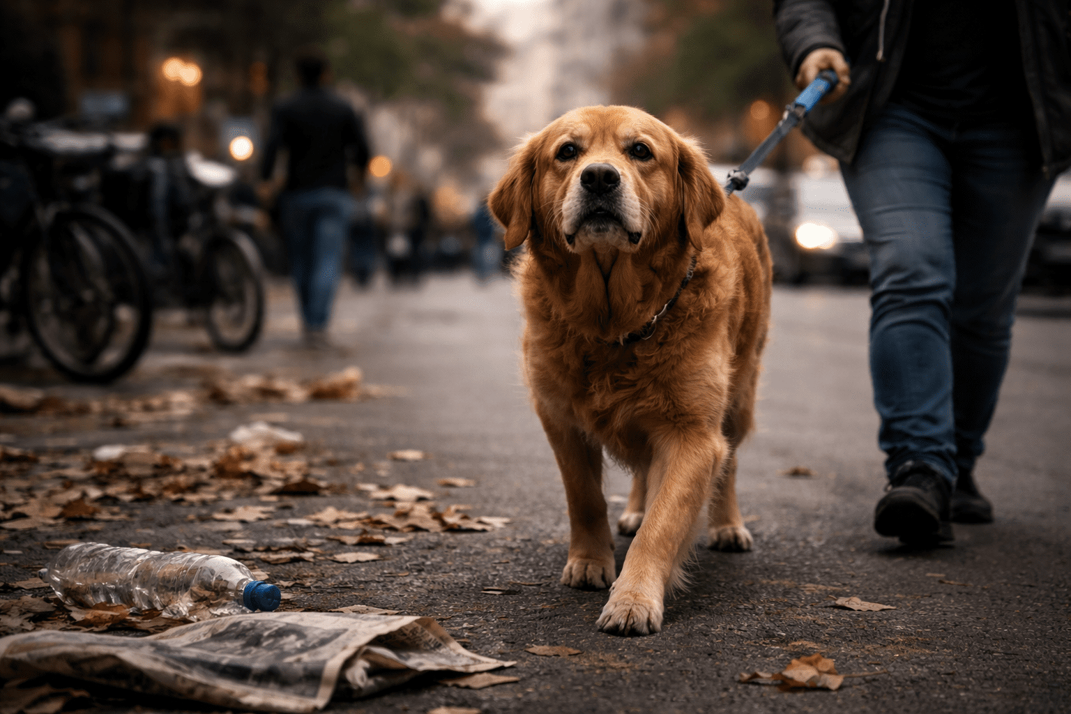 Perro paseando por una calle urbana con la correa tensa, en una imagen que refleja cómo un paseo estresante puede afectar a su bienestar.
