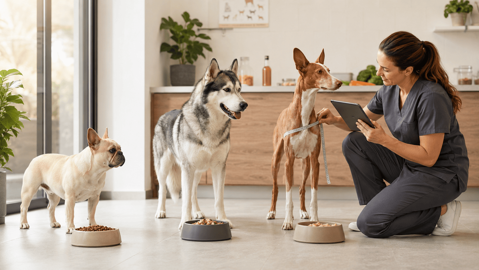 Bulldog francés, husky y podenco durante una valoración nutricional individual con diferentes raciones de alimento.