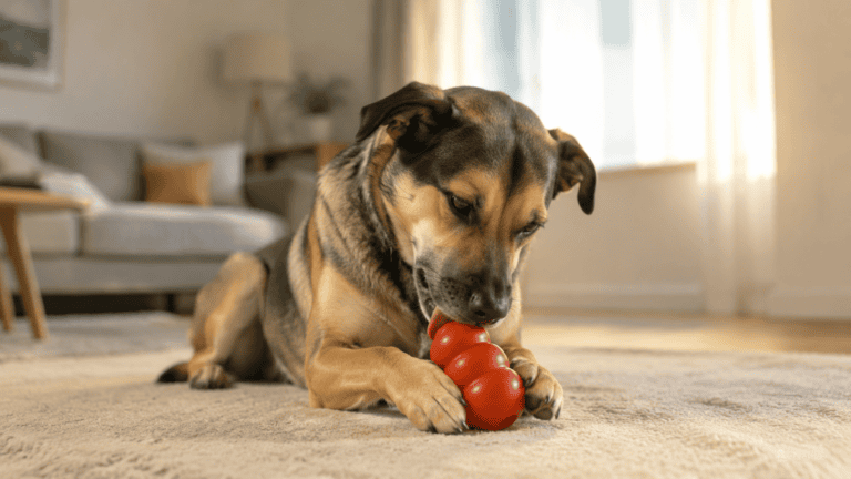 Perro jugando con un KONG Classic rojo relleno en el salón de casa.