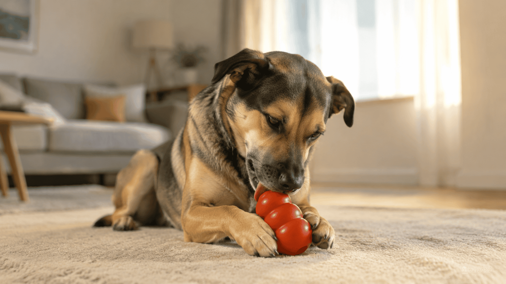 Perro jugando con un KONG Classic rojo relleno en el salón de casa.