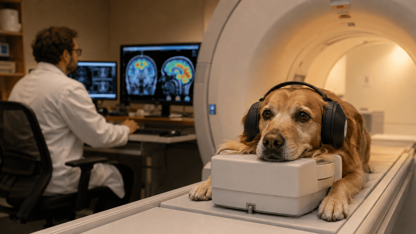 Perro despierto y tranquilo durante una resonancia magnética utilizada para estudiar el cerebro canino.