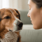 Perro parpadeando suavemente mientras observa de cerca el rostro de su responsable.