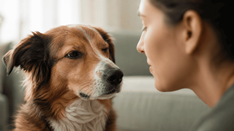 Perro parpadeando suavemente mientras observa de cerca el rostro de su responsable.
