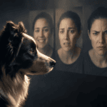 Border collie observando rostros humanos con expresiones de alegría, miedo, enfado y tristeza.