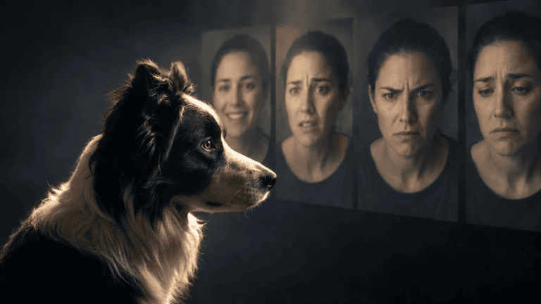 Border collie observando rostros humanos con expresiones de alegría, miedo, enfado y tristeza.