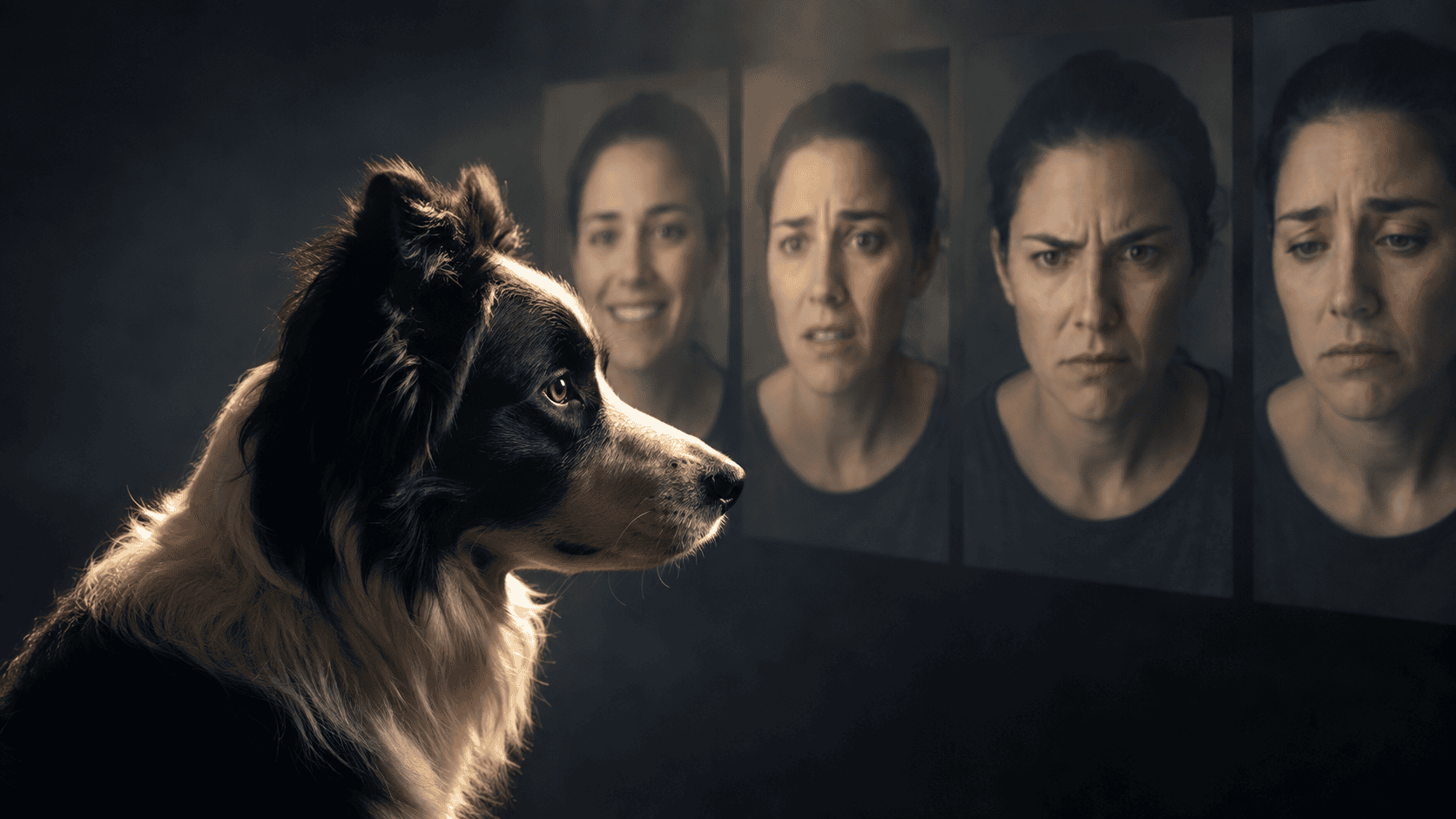 Border collie observando rostros humanos con expresiones de alegría, miedo, enfado y tristeza.