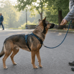 Perro reactivo recibe una recompensa de su responsable mientras otro perro pasa a una distancia segura.