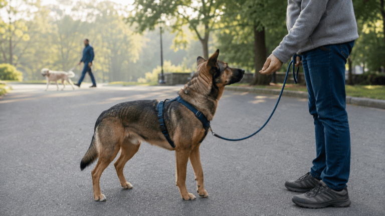 Perro reactivo recibe una recompensa de su responsable mientras otro perro pasa a una distancia segura.