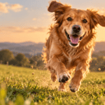 Perro corriendo con el logo de MuyWuau al atardecer