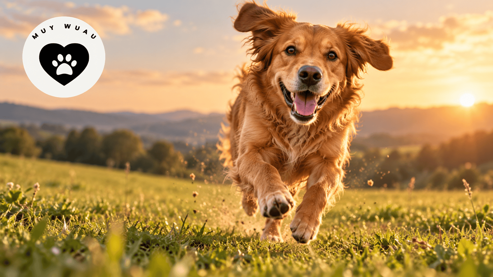Perro corriendo con el logo de MuyWuau al atardecer