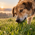 Perro comiendo hierba durante un paseo al amanecer