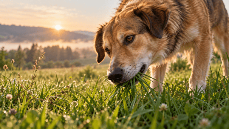 Perro comiendo hierba durante un paseo al amanecer